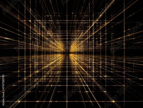 Fototapeta Abstract Technology Background with Golden Glowing Grid Lines, Digital Network, and Futuristic Perspective
