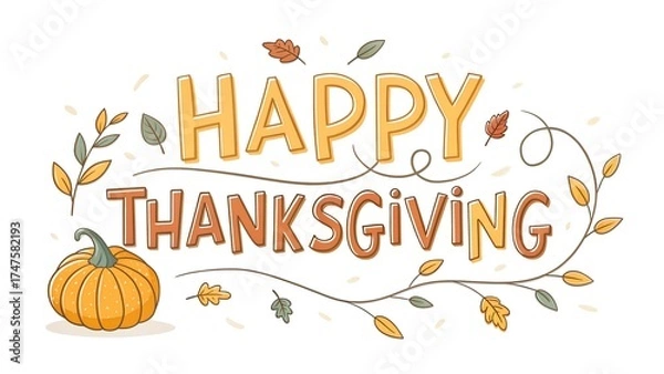 Fototapeta Happy thanksgiving greeting card with pumpkin and leaves isolated on white background