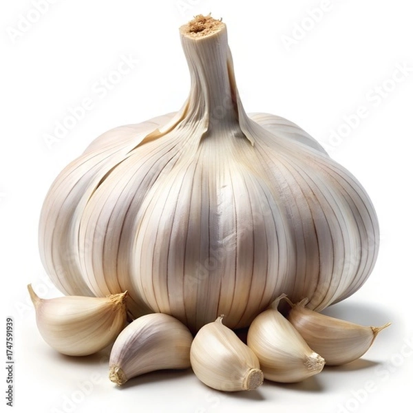 Obraz Garlic Bulb Surrounded by Cloves on White Background