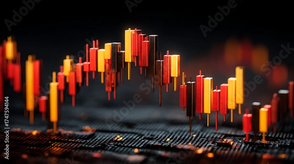 Obraz stock and candlestick graph on crash with showing downward yellow abstract red financial dark background illustrating trend chart market concept. 3d rendering 85377984 1