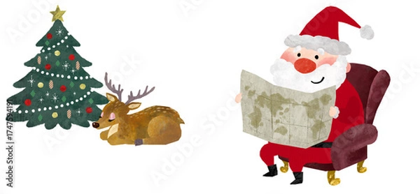 Fototapeta 世界地図を笑顔で見ているサンタクロースとクリスマスツリーの横で眠るトナカイのクリスマスイラスト素材のセット