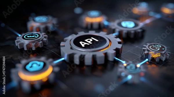 Fototapeta API gear icon network connecting digital services with glowing lines and technology mood
