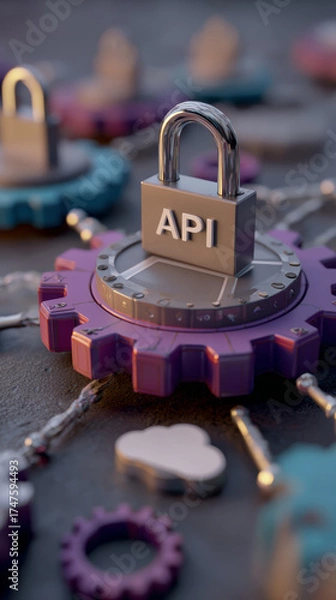 Fototapeta API padlock on purple gear securing digital connection with cloud icon in shallow depth of field, conveying cybersecurity and protected integration