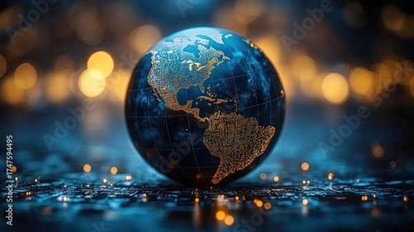 Fototapeta Glowing digital globe showing North and South America with illuminated city lights on a dark blue background surrounded by blurred warm bokeh lights