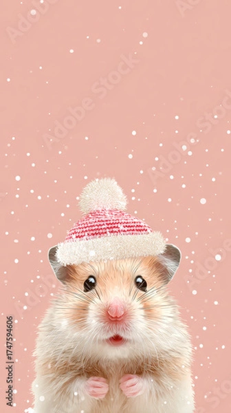 Fototapeta Cute winter hamster wearing knitted hat with falling snow, cozy small pet portrait with pink background and soft fur