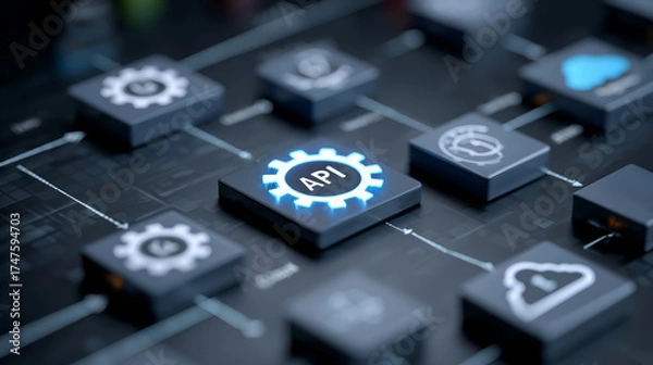 Fototapeta API gear icon glowing dark circuit board background, technology integration and cloud connectivity, futuristic interface and developer workflow