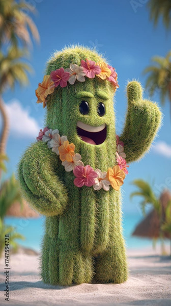 Fototapeta Happy cactus character with flower lei and tropical beach background, cheerful vacation mood, sunny sky, palm tree breeze