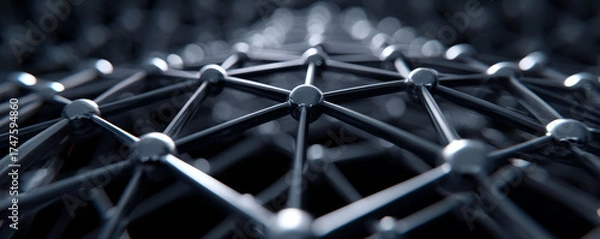 Fototapeta Metal lattice network connecting glossy spherical joints in shallow focus, conveying sleek industrial structure and technological unity