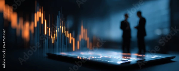 Fototapeta Digital tablet with glowing financial chart and two business people discussing strategy in blurred background, dynamic mood