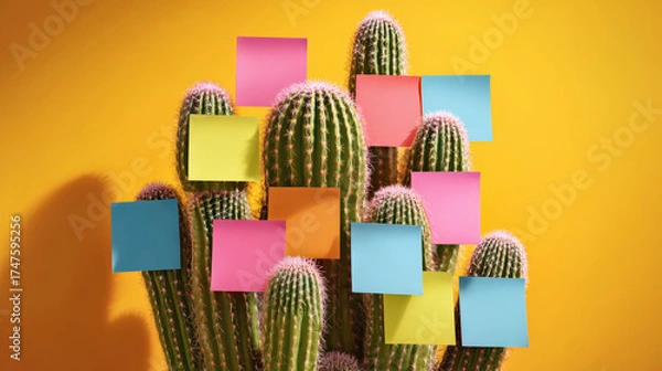 Fototapeta Colorful sticky notes cactus against yellow background creating playful contrast and creative office concept with sharp spines and bright pastel