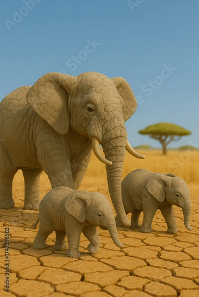 Fototapeta Claymation elephant family walking across dry cracked savanna with acacia tree in background
