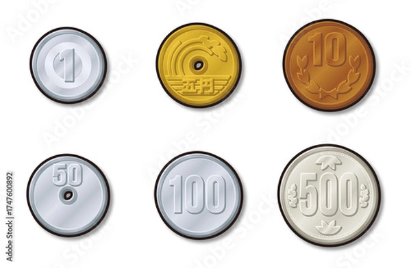 Fototapeta 日本の硬貨 お金 コイン 黒フチ シャドウ