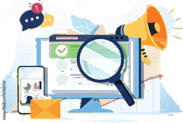 Fototapeta Boost your marketing strategy with data analytics on desktop and mobile, use a targeted approach to amplify your reach and achieve success today