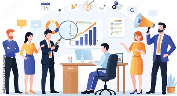 Fototapeta Dynamic team collaborating on data analysis, celebrating business growth and marketing strategy with positive energy in a modern office environment
