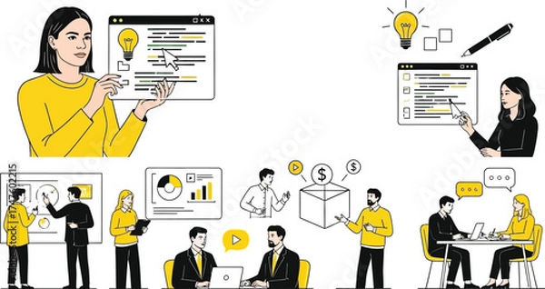 Fototapeta Dynamic team collaborating on innovative solutions, presenting data analysis, and brainstorming ideas for modern business growth and financial success