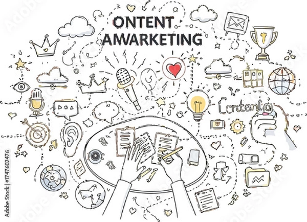 Fototapeta Brainstorming content marketing ideas for business growth, a vibrant illustration for brand strategy and digital engagement with hand-drawn doodles