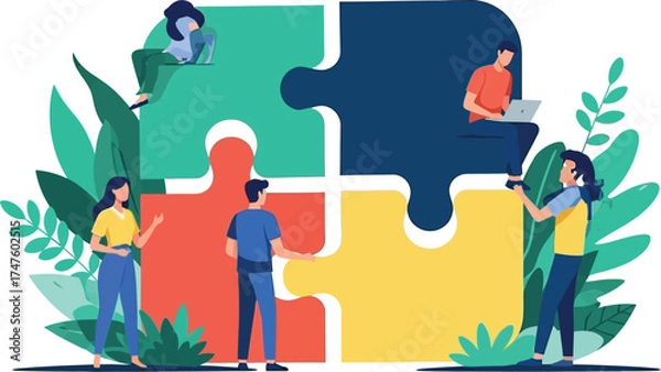 Fototapeta Dynamic team collaborating on a vibrant puzzle, symbolizing teamwork and problem-solving success, perfect for illustrating business solutions and unity
