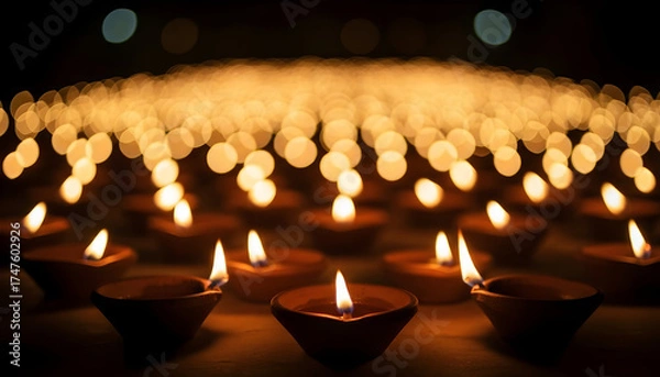 Fototapeta A sea of glowing diya oil lamps with a beautiful golden bokeh background, symbolizing the Festival of Lights for Diwali.