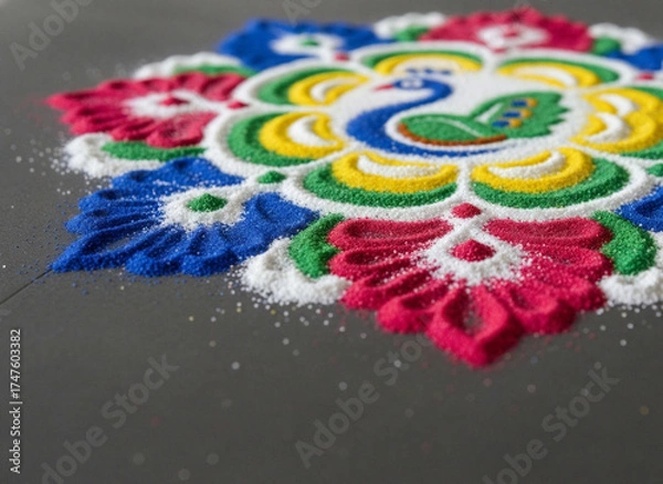 Fototapeta Close-up of a vibrant and intricate rangoli with a peacock design, made with colored powder for the Diwali festival.
