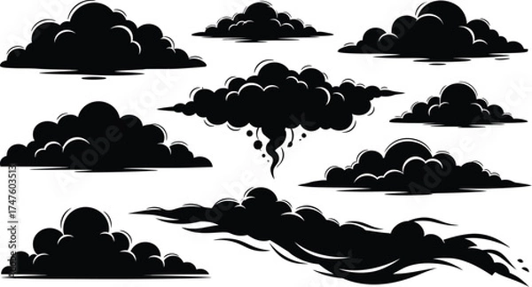 Fototapeta Dramatic cartoon cloudscape elements offering stormy weather vibes for designers seeking impactful black and white graphic assets for creative projects