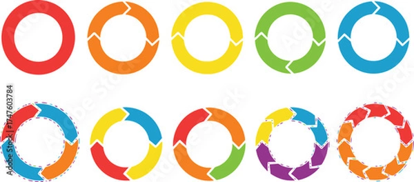 Fototapeta Vibrant circular arrow diagrams showcasing process flow, cycles, and progress in a modern, colorful presentation style perfect for business insights.