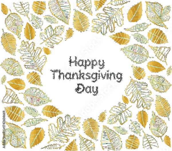 Fototapeta Golden autumn leaves frame a Happy Thanksgiving Day message creating a warm and inviting seasonal design, perfect for fall greetings and festive promotions