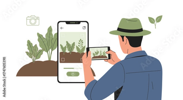 Fototapeta Farmer using smartphone in agriculture to monitor plant health and growth with technology