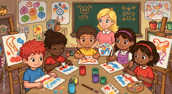 Fototapeta Colorful Classroom Children Painting Art in Art Class