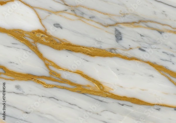 Fototapeta Luxurious white marble texture featuring bold, diagonal metallic gold veins, creating a high-end, opulent natural stone pattern
