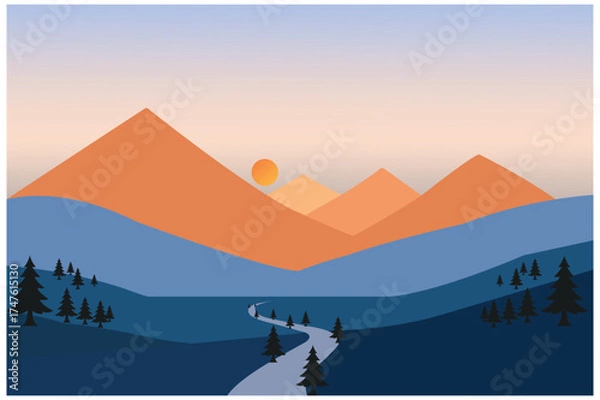 Obraz Sunset Mountain Landscape Vector Illustration.