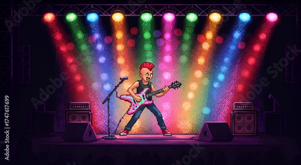 Fototapeta Pixel Art Guitarist Performing on Stage with Colorful Stage Lights in Concert Setting