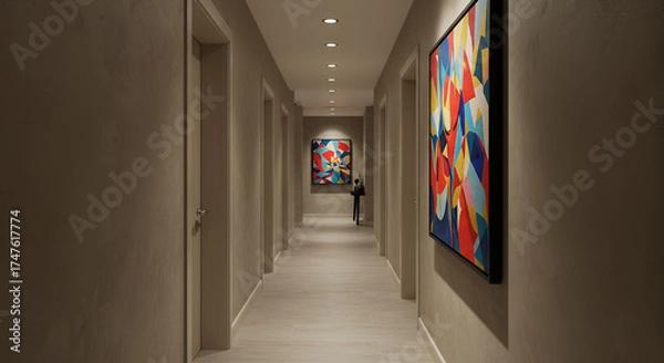 Fototapeta Modern Art Gallery Hallway with Colorful Abstract Paintings and Soft Lighting