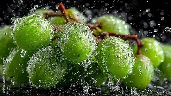 Fototapeta Green grapes with water droplets on a dark surface close up.