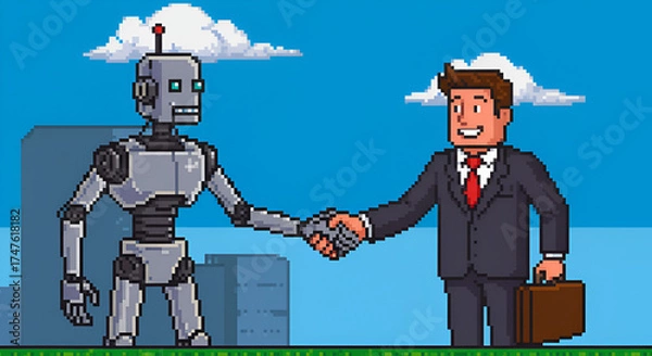 Fototapeta Pixel Art Robot and Businessman Shaking Hands in Bright Outdoor Scene