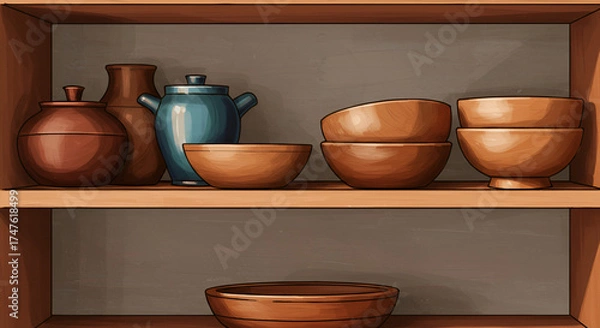 Fototapeta Wooden Shelf Displaying Ceramic Bowls and Vases in Neutral Kitchen Setting