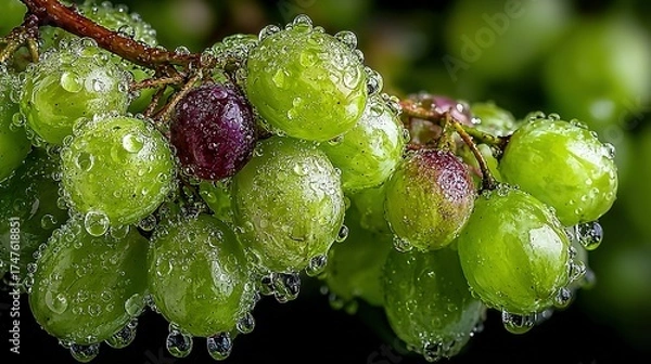Fototapeta Bunch of green grapes with water droplets on a dark background.