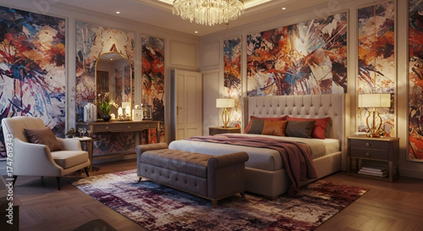 Obraz Elegant Bedroom with Abstract Wall Art and Classic Furniture in Warm Lighting