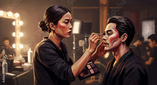 Fototapeta Makeup Artist Applying Face Paint on Male Model in Professional Makeup Studio