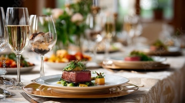 Obraz A beautifully arranged dining table featuring gourmet dishes, elegant glassware, and fresh flowers, creating an inviting atmosphere for a special meal.