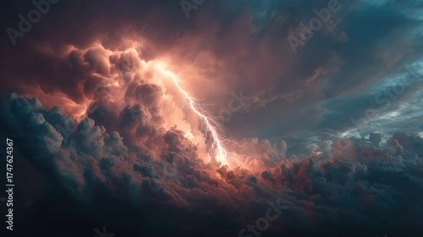 Fototapeta Dramatic lightning storm with vibrant clouds and intense electrical discharge illuminating dark sky du severe weather event