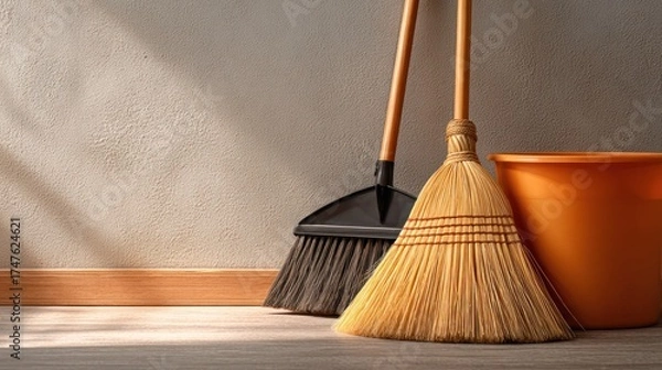 Fototapeta Cleaning tools including a broom dustpan and brush with a large orange bowl and a small orange container on a wooden floor against a textured wall