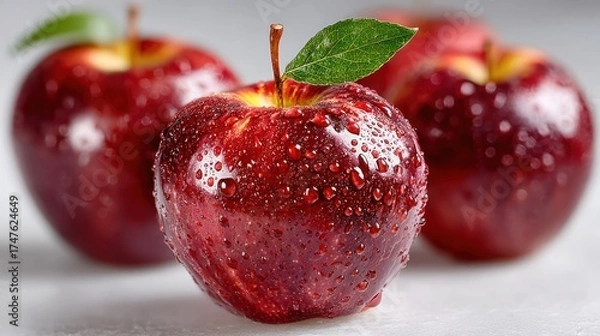 Fototapeta Fresh Juicy Red s Covered in Water Droplets on Bright Surface with Soft Focus Background Perfect for Healthy Food and Fruit Themes