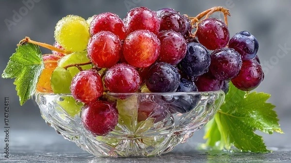 Fototapeta Fresh multicolored grapes in a clear glass bowl with vibrant green leaves on a gray rustic surface emphasizing ripeness and natural beauty