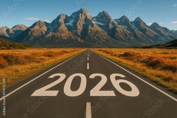 Fototapeta Majestic Mountain Landscape with a Clear Road Leading to a Future Year Displayed in the Foreground
