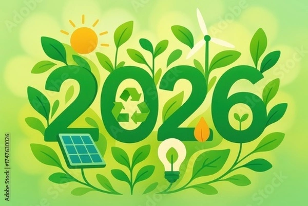 Fototapeta Eco-Friendly Illustration of Year 2026 with Symbols of Sustainability and Renewable Energy