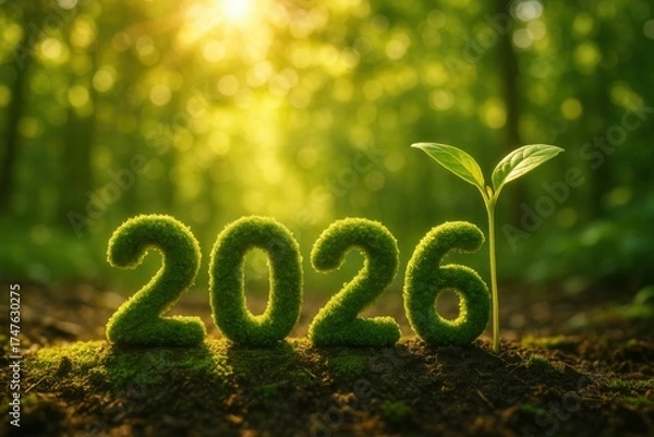 Fototapeta Green Nature 2026 With Plant Growth in Lush Forest Background at Sunrise Light