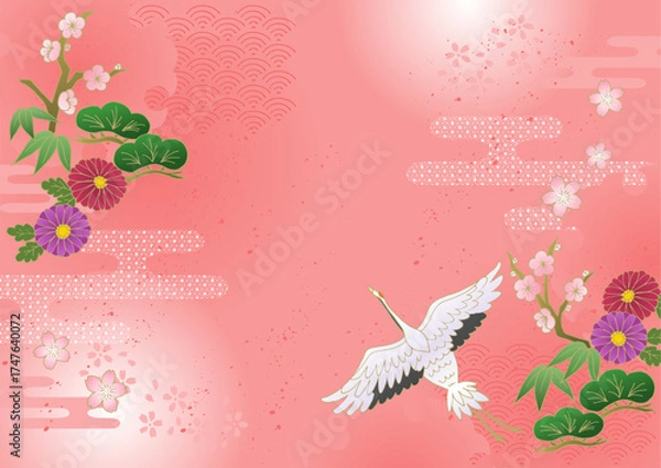 Fototapeta お正月 和風 和柄背景 松竹梅 鶴 牡丹 菊 年賀状 ピンク New Year Japanese pattern background Pine, bamboo, plum, crane, peony, chrysanthemum, New Year's card, Pink