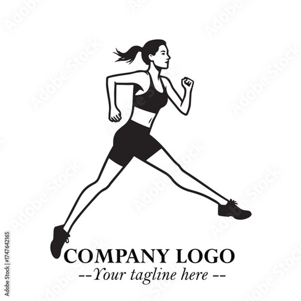 Fototapeta Beautiful Woman Running Illustration in Black on White Background in Dynamic Minimalist Vector Design