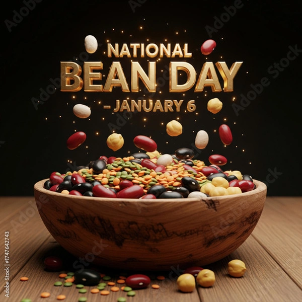Fototapeta National Bean Day Assortment of Beans in Wooden Bowl with Falling Beans lentils chickpeas