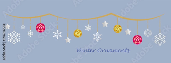 Fototapeta 雪の結晶と丸いオーナメントが連なったクリスマスガーランド